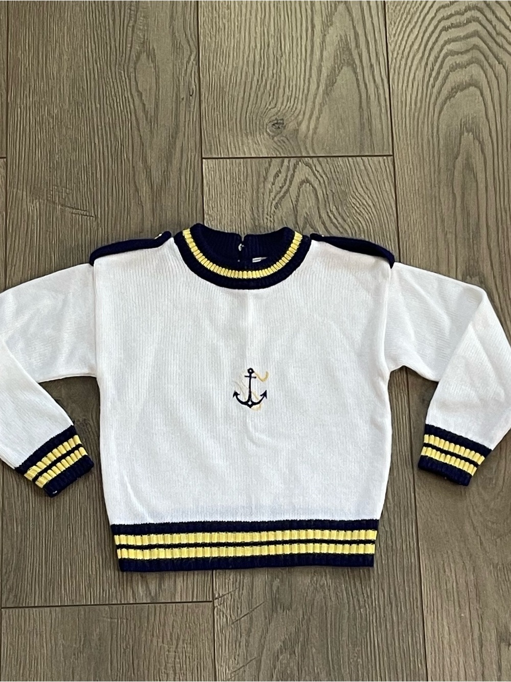 Vintage Little Bitty Nautical Anchor Cream Navy Gold 2T Acrylic Sweater